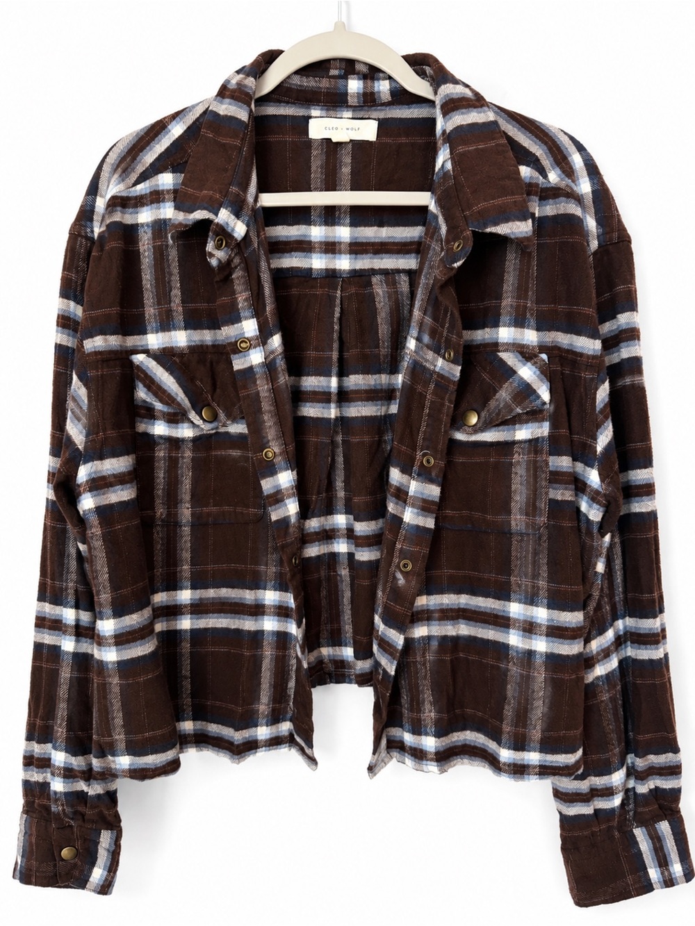 Cleo + Wolf Brown Plaid Cropped Flannel Shirt Shacket Western Oversized XXL 2X